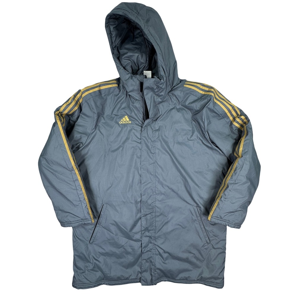 Adidas Men's Hooded Puffer Parka Jacket Gray Gold Three Stripe Size XL Winter